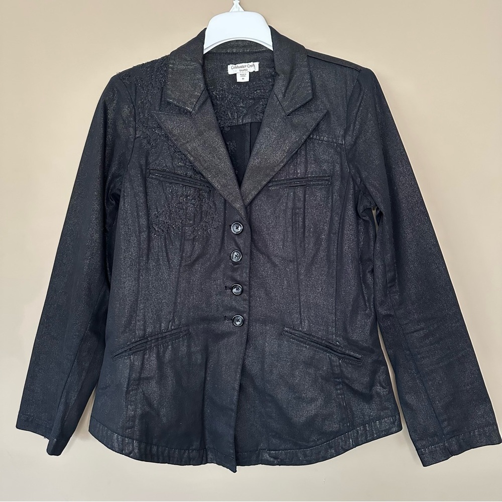 Coldwater Creek Shaped Women 10 Black Embroidered Blazer Jacket Metallic Equestr